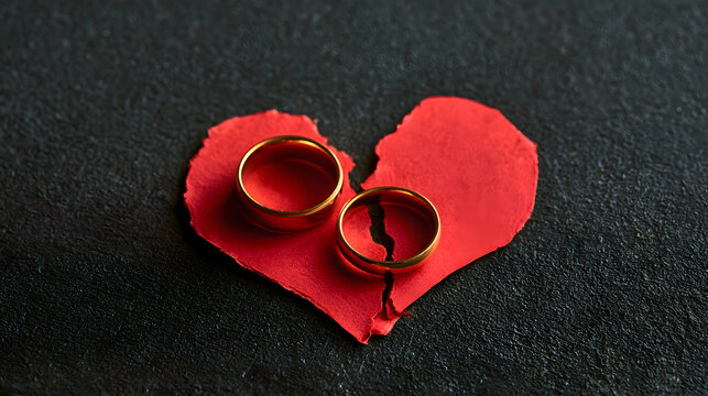 Two golden wedding rings placed on a broken red paper heart shape symbolizing divorce separation and end of a relationship marital crisis heartbreak and emotional pain concept shot on dark textured su