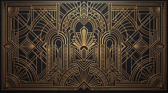 Art Deco golden geometric ornamental pattern with elegant arches on dark background