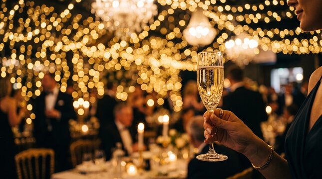 Woman holding a glass of champagne at a glamorous evening gala with golden bokeh lights