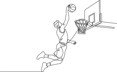 Basketball Player Slam Dunk Continuous One Line Drawing Vector Illustration, Athlete Sports Line Art © Roksana
