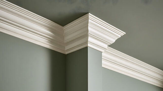 Elegant white crown molding and decorative ceiling trim installed in a modern interior room, featuring classic architectural details, clean lines, and smooth surfaces for a luxurious home design finis