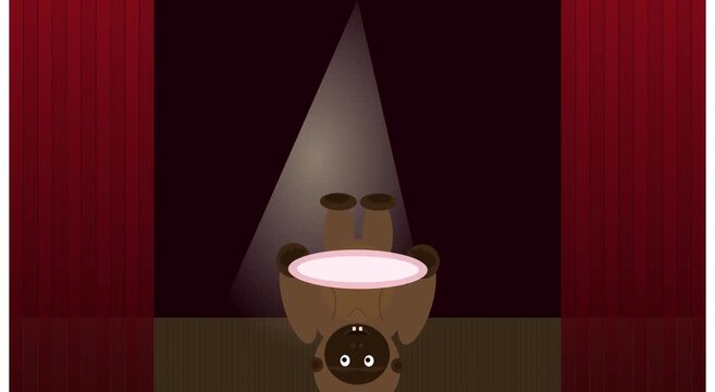 Cute cartoon gorilla performing hula hoop trick on stage under spotlight monkey animal