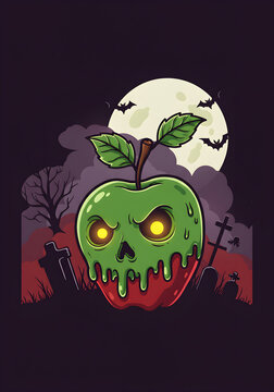 Spooky Halloween poison apple illustration with glowing eyes in front of a full moon graveyard