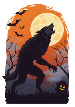 A fierce werewolf howling at the full moon during a spooky Halloween night vector illustration