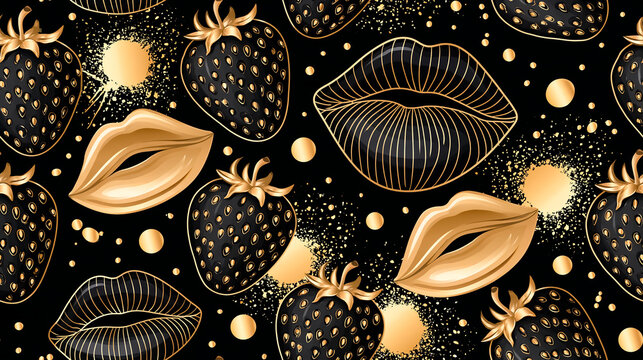 Seamless pattern with beautiful lips and strawberries, black and gold.