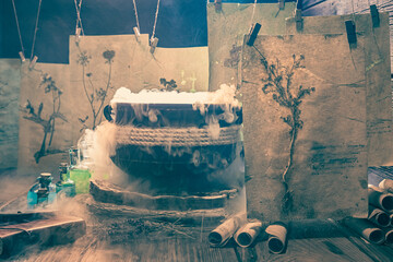 Naklejka premium Spooky herbalist's workshop with potions and recipes.