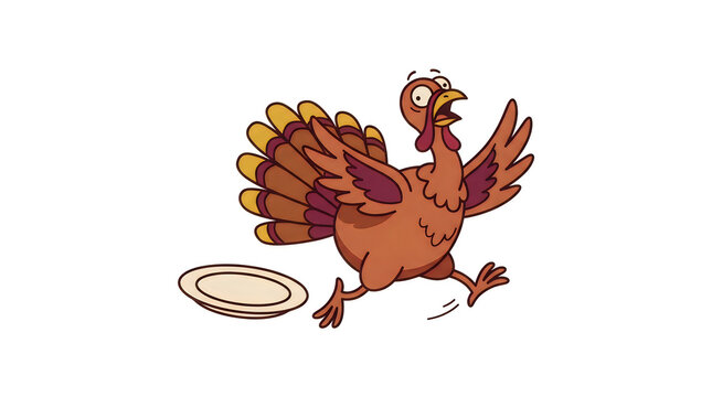 Cartoon turkey running with flying plate
