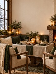 Fototapeta premium Cozy Winter Restaurant Table with Soup and Candles beside a Fireplace
