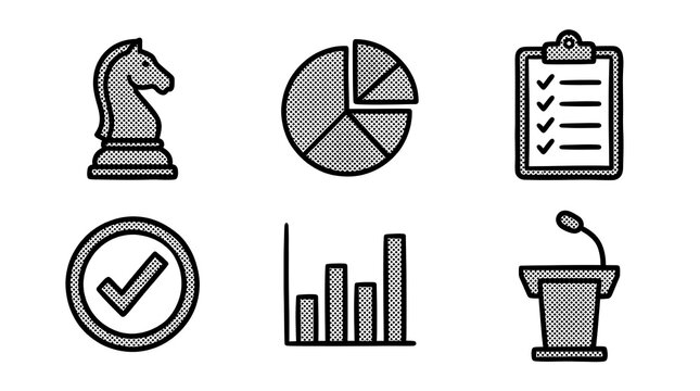 Corporate strategy and planning icons set with black and white textured business symbols.