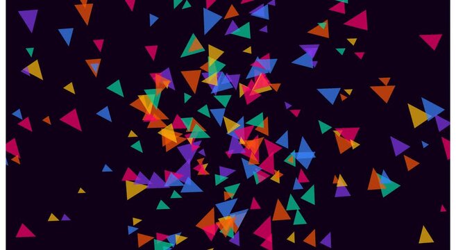Vibrant abstract motion background, with floating colorful, geometric triangles on, dark backdrop