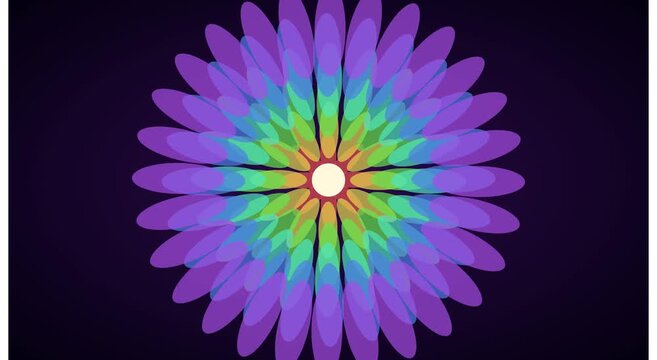 Vibrant rainbow mandala motion background, hypnotic geometric flower animation, colorful concentric petal pattern for digital projects