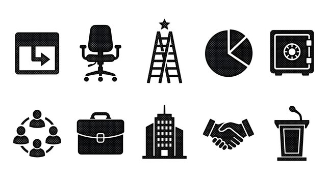 Halftone corporate business icons set displaying essential management and office tools.