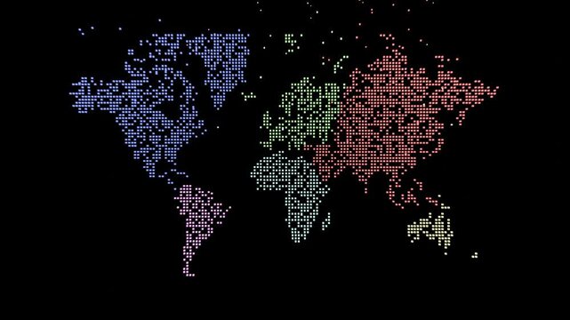 The Pixel World Map with continent color Animation With Raining Effect. 4K Footage