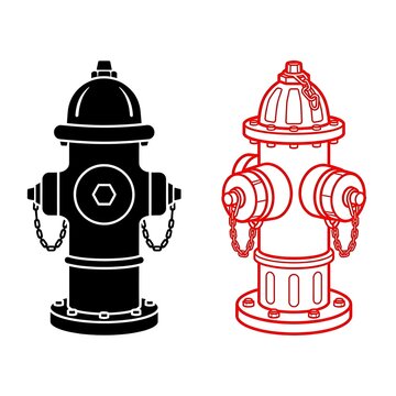 Black silhouette and red outline drawing of a fire hydrant emergency water valve equipment for city safety and fire protection