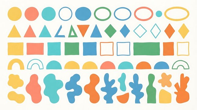 Set of colorful hand drawn geometric shapes including circles triangles squares and abstract organic forms for graphic design