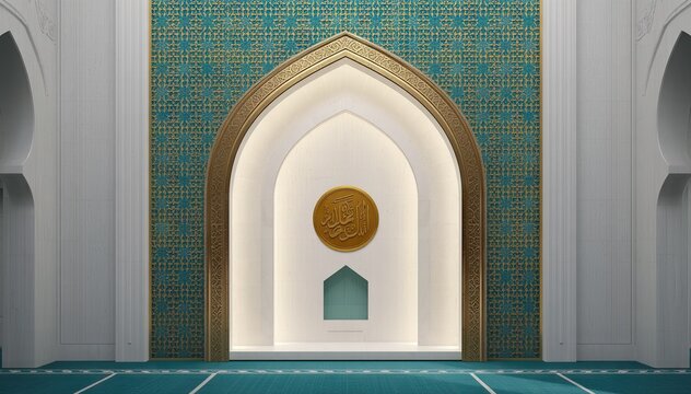 Ornate arched prayer niche in tiled mosque interior
