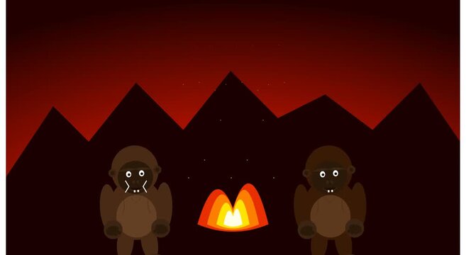 Animated gorillas dancing by campfire in dark mountain landscape, fun cartoon character motion monkey