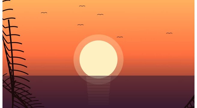 Minimalist sunset ocean landscape animation with flying birds and palm tree silhouette, flat motion background