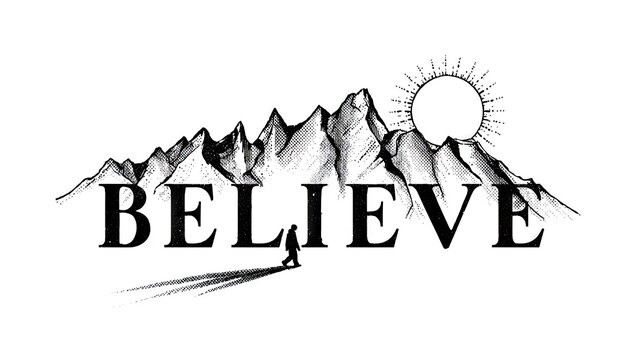 Mountain range line art drawing with text believe and sun