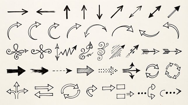 Collection of hand drawn arrows and doodle pointers for design projects and creative sketches on a simple dark background