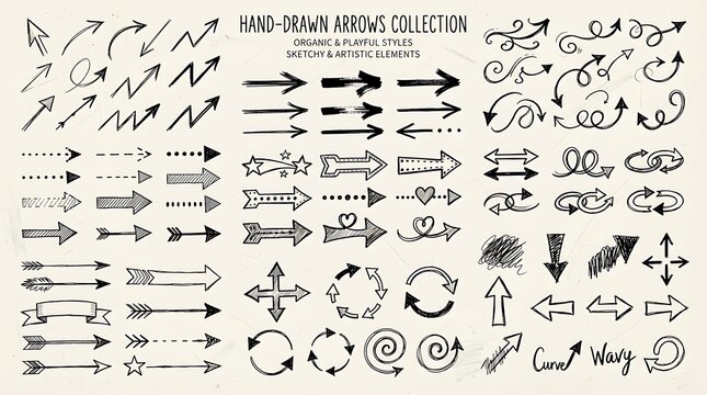 Large collection of hand drawn arrows with various styles and shapes for creative design projects and digital marker annotations