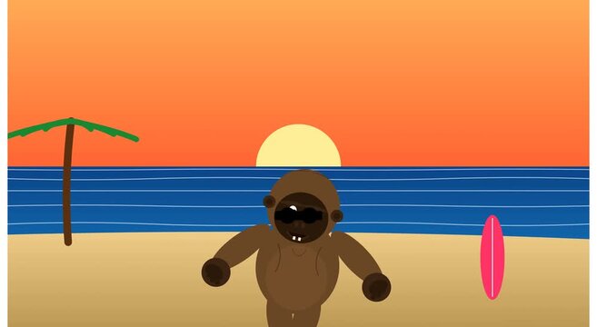 Cartoon gorilla surfer dancing on tropical beach at sunset, fun summer vacation animation monkey surfing