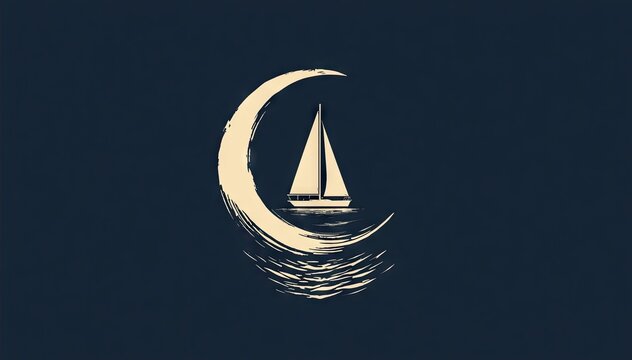 Sailboat inside crescent moon emblem on navy background