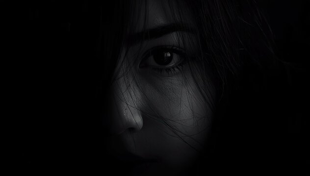 Woman face barely visible in deep darkness