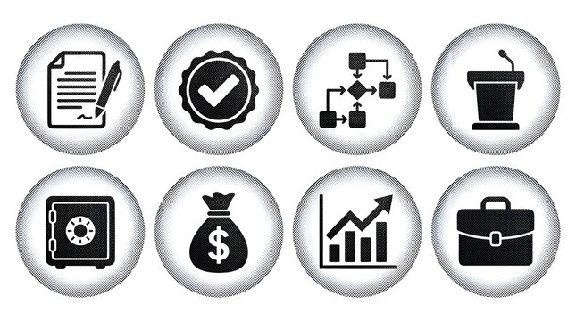 Corporate business management circular icons featuring growth bar charts and money sacks.