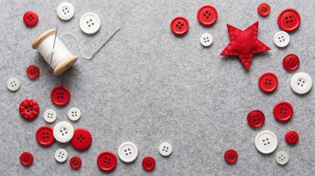 Red buttons, spool of white thread and sewing needle on gray felt fabric background top view, copy space