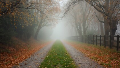Fototapeta premium Foggy autumn road lined with bare trees