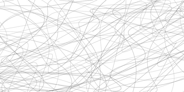 Abstract background, with black intersecting, hand-drawn lines, chaotic, thin curves and, random strokes on white
