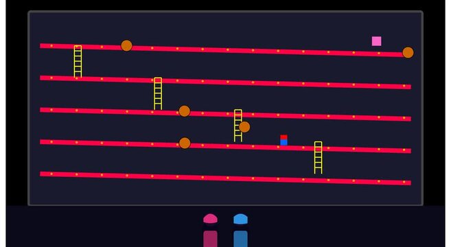 Retro arcade style game level with moving obstacles and ladders, 2D platformer concept animation gaming