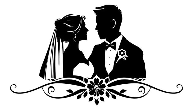 Bride and groom silhouette illustration with floral ornament