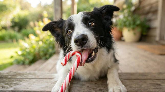 Border collie lying on a deck holding a striped candy cane in soft daylight