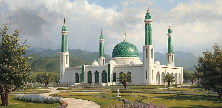White mosque with green domes in mountain valley