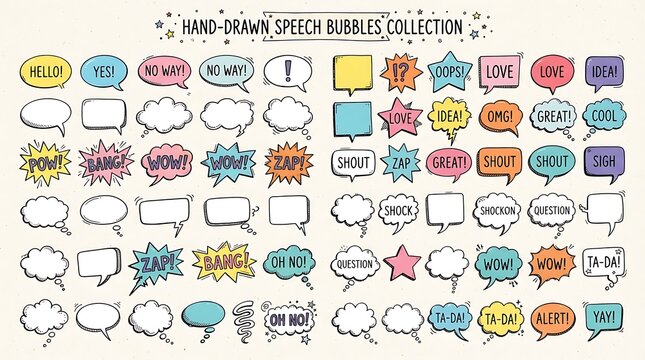 A large collection of hand drawn colorful speech bubbles and comic thought clouds with various expressions and text elements