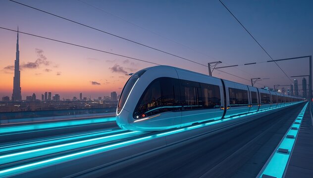  Futuristic train on elevated track with glowing blue lights at dusk
