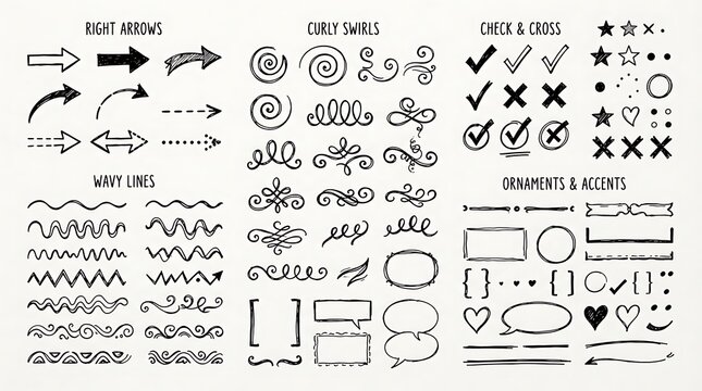 Set of hand drawn sketch elements including arrows curly swirls wavy lines check marks stars and decorative ornaments