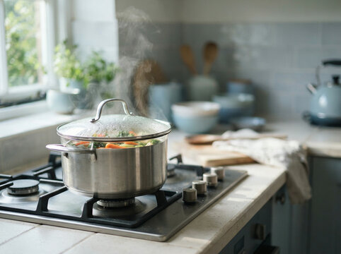Steel stockpot of simmering vegetable soup releasing steam on a gas hob