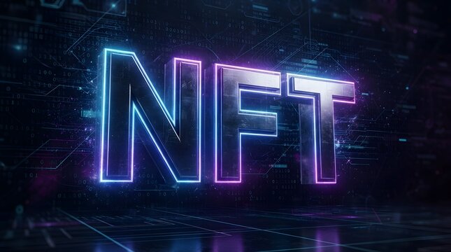 Bold 3D NFT Letters Illuminated With Blue, Purple And Pink Neon Lights On Circuit Background