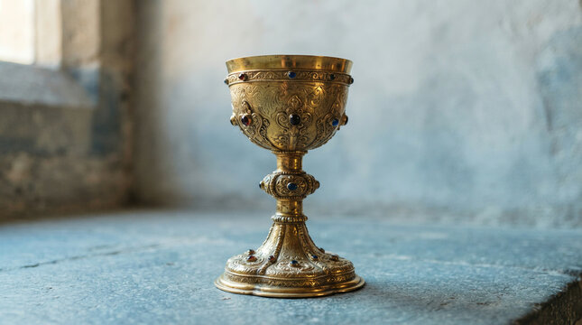 Ornate golden chalice with inset stones on a stone windowsill stone ledge