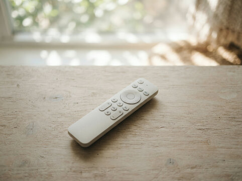 White remote control resting on a pale wooden shelf near a bright window