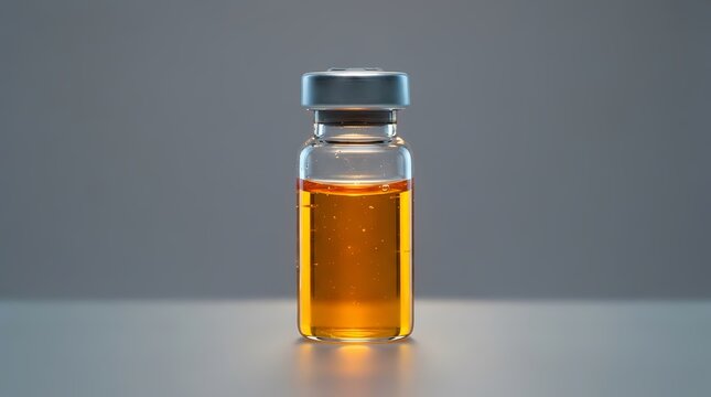 Clear glass pharmaceutical vial with crimp seal filled with amber liquid   