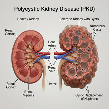 Polycystic Kidney Disease PKD Illustration Healthy vs Diseased Kidney Anatomy