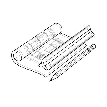 Architectural blueprint roll with a triangular scale ruler and a lead pencil for construction planning and technical design