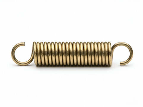 Brass tension spring with looped ends isolated on white background for industrial, mechanical, and hardware applications