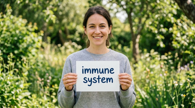 Smiling Woman Holding Sign Immune System Outdoors in Nature Health and Wellness Concept