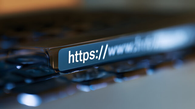 Close up of web browser address bar with secure protocol https displayed on screen with dark background and blue glow representing cybersecurity technology concept in digital world for business graphi