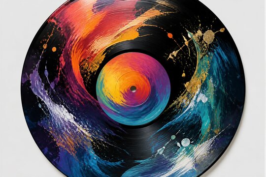 Vinyl record with colorful paint swirl on white background